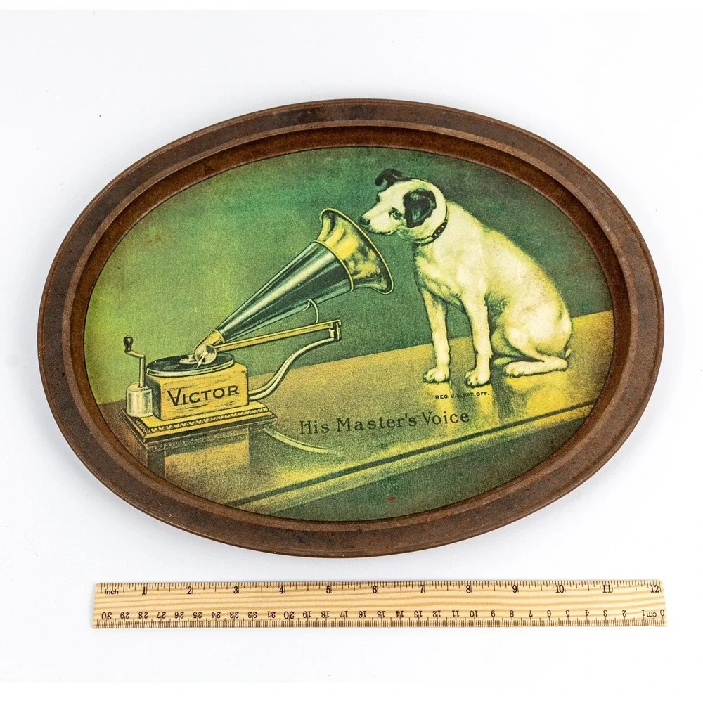Vintage Victor His Masters Voice Nipper Dog Oval Tin Tray Rustic Music Decor 13